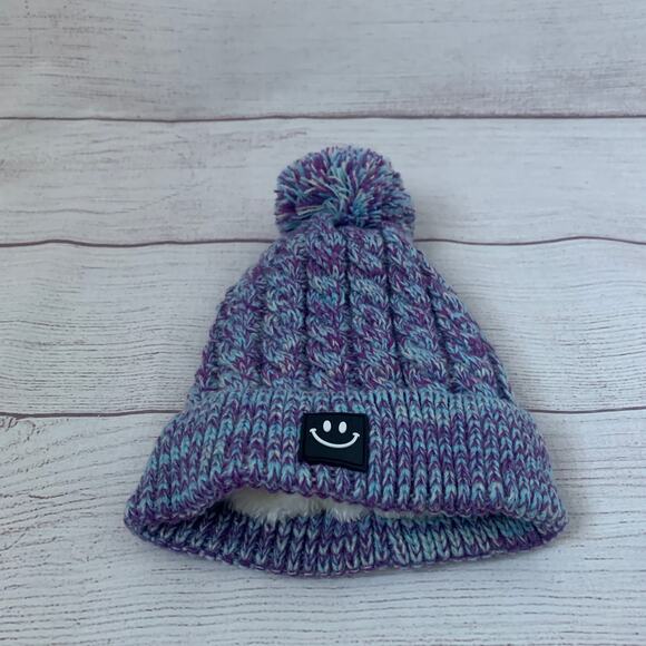 Kids Blue and Purple Stocking Hat with Pom Folded Cuff Fleece Interior Small - Picture 12 of 12